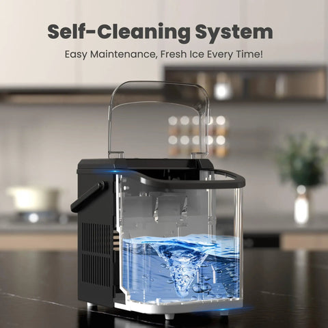 Countertop Ice Maker With Sturdy Carry Handle, Portable Ice Machine Freezing Bullet Ice Cubes In Rapid Six Minutes, Delivers Twenty Six Pounds Daily, Lowkey Essential Home And Tailgate Chiller In Jet Black with self-cleaning system.