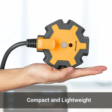5 Outlet Power Strip With 25 Ft Heavy Duty Extension Cord For Garage And Workshop 15 Amp Circuit Breaker Swivel Safety Covers Industrial Grade Durable Construction compact design displayed on hand.