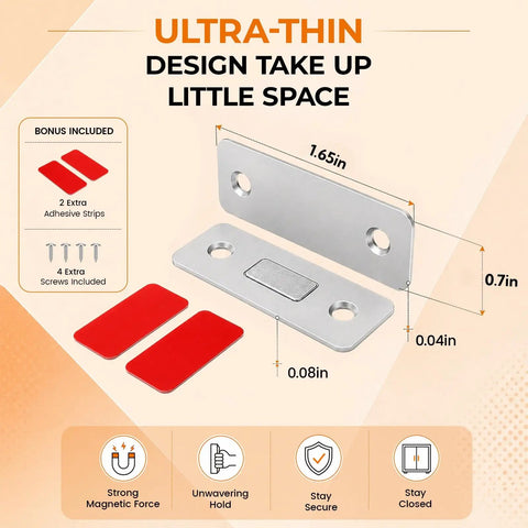 Ultra Thin Magnetic Cabinet Door Catch 16 Pack Slim Self Adhesive Drawer Latch with dimensions and components displayed