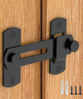 180 Degree Flip Sliding Barn Door Lock For Privacy That Is Easy To Unlock And Hard To Force Kid Proof And Pet Safe Latch shown installed on wooden door