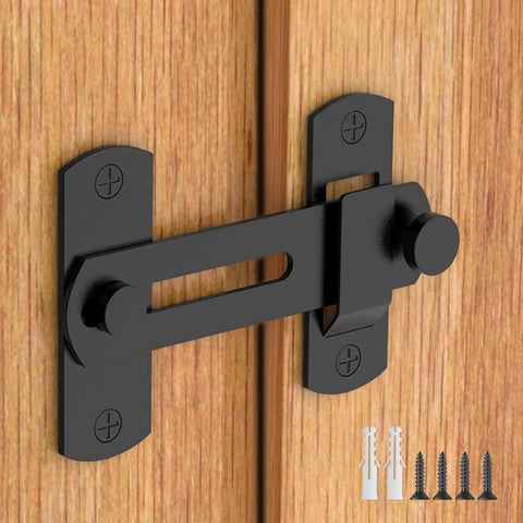 180 Degree Flip Sliding Barn Door Lock For Privacy That Is Easy To Unlock And Hard To Force Kid Proof And Pet Safe Latch shown installed on wooden door