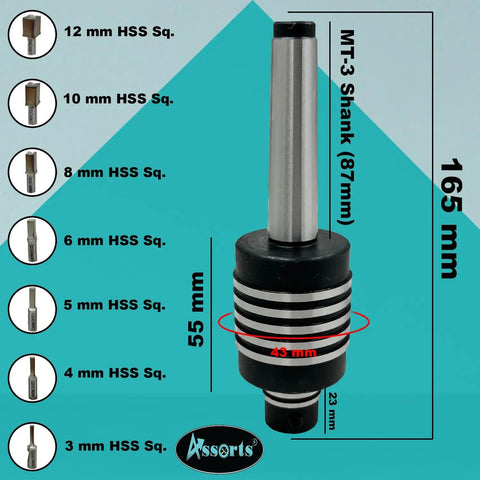 MT3 Rotary Broach Live Center Set For Lathe Machines with 7 HSS broach punches from 3mm to 12mm showing dimensions