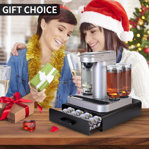 Festively decorated setting with drink machine on Under Counter Pod Holder For 40 Cocktail Capsules, Slim Drawer Organizer.