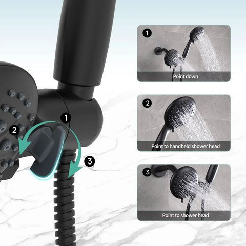 Oversized 2 In 1 Shower Head And Handheld Combo With 6 Spray Settings Including Power Rain Massage Stay Warm Mist And Pause 3 Way Shower Faucet System In Matte Black With Valve Included For Easy Remodel, showing directions for water flow adjustment with lever detail.