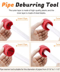 Four Piece Plumbing Tools Kit With Pipe Depth Gauge And Copper Deburring Reamer With HSS Blades Push Fit Disconnect Clip Multi Purpose Tool Set For Copper PVC PEX CPVC Pipes Ideal For Home DIY And Pro Handyman Use - red deburring tool in use with hand holding pipe.