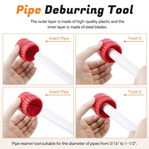 Four Piece Plumbing Tools Kit With Pipe Depth Gauge And Copper Deburring Reamer With HSS Blades Push Fit Disconnect Clip Multi Purpose Tool Set For Copper PVC PEX CPVC Pipes Ideal For Home DIY And Pro Handyman Use - red deburring tool in use with hand holding pipe.