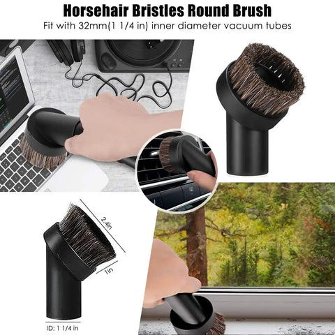 Person using horsehair bristle brush from 7 Piece Vacuum Attachment Kit With Crevice Tool for cleaning a window sill
