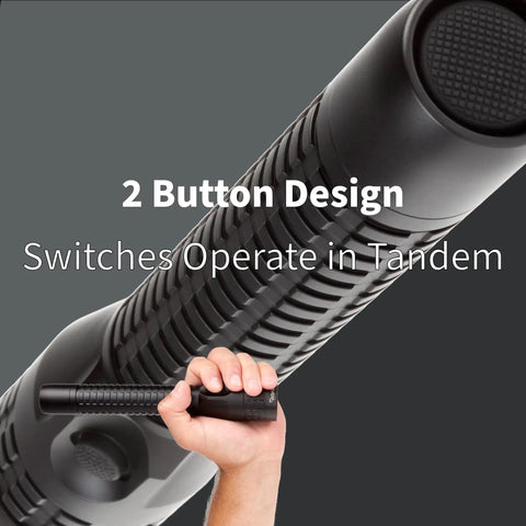 Close-up of the Beefy Rechargeable Full Size LED Dual Light Flashlight With 650 Lumen Main Beam, showcasing 2 button design.