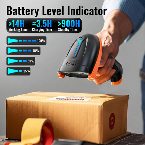 Wireless 1D Laser Barcode Scanner With Battery Level Indicator 2 In 1 2.4Ghz Wireless And USB 2.0 Wired Ergonomic Curved Handle For A Comfy Grip And All Day Battery Life