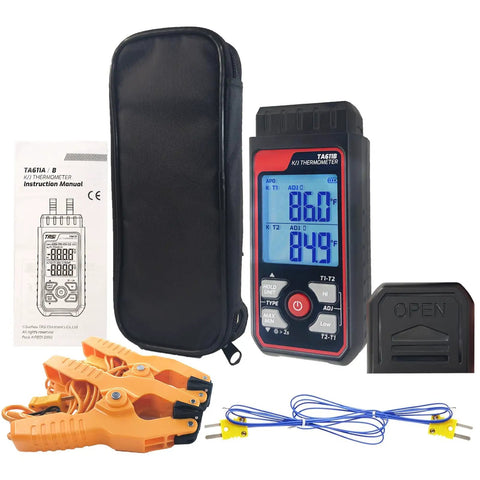 Go-To Dual Channel Digital K Type Thermocouple Thermometer With 2 HVAC Clamps And 2 Probes, Wide -328 To 2500 F Range, LED Backlight, Adjustable Compensation, Handy HVAC Lab Tool For Quick Readouts. Kit with case, manual, clamps, probes