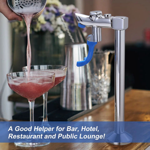 Self Service Glass Filler Faucet For High Traffic Bars Hotels Cafes 9 Inch Deck Mount Water Filler Station Stainless Steel Drinking Faucet For Fast Refills And Clean Water alongside a cocktail being poured.