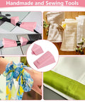 Collage showing 2 Pack Upgraded Bias Tape Makers Fabric Tube Maker for DIY rugs in quilting and sewing projects, pink tool set.