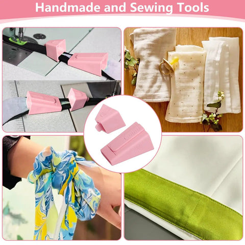 Collage showing 2 Pack Upgraded Bias Tape Makers Fabric Tube Maker for DIY rugs in quilting and sewing projects, pink tool set.