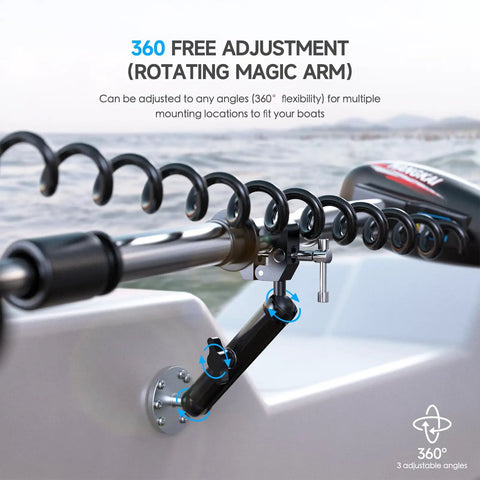 Trolling Motor Stabilizer Mount For Terrova Riptide Ulterra PowerDrive, 360 Degree Adjustable arm shown on boat rail