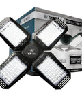 15,000 Lumen LED Adjustable 4 Panel Garage Light with 140W Power, E26 Base, front view of package and panels.