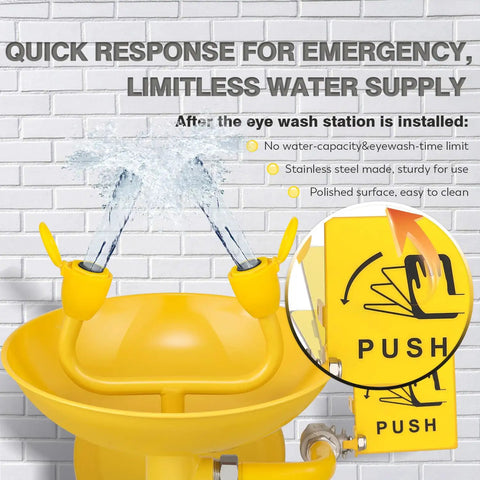 Wall Mounted Emergency Eye Wash Station With OSHA Approval, Stainless Steel 304 Plus Epoxy Coating, yellow push sign visible