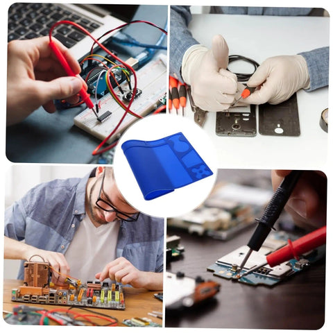 Collage with Insulated Magnetic Work Mat For Electronics Repair, Antistatic Soldering Pad in blue, used in various DIY projects