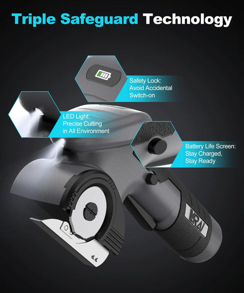 Close-up of Heavy Duty Cordless Electric Scissors With Fast Charging Rechargeable Battery showing safety lock and battery indicator.