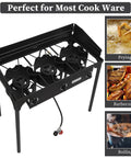 Three Burner Outdoor Propane Gas Stove With Wind Panel Carrying Bag And Regulator 225000 BTU Stand Cooker shown with three burners