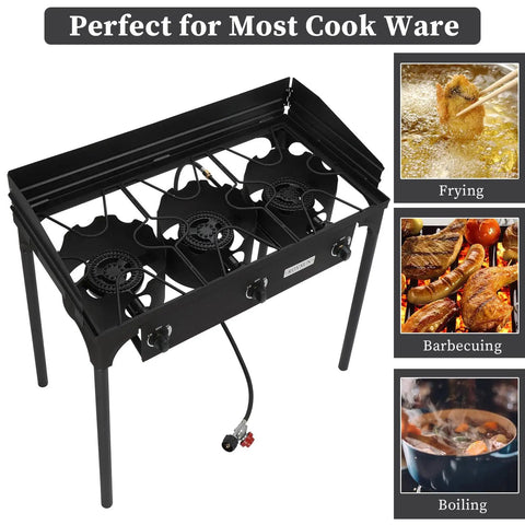 Three Burner Outdoor Propane Gas Stove With Wind Panel Carrying Bag And Regulator 225000 BTU Stand Cooker shown with three burners