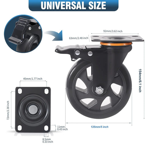 Front view of a 5-inch polyurethane caster wheel with brake and mounting plate, dual-locking, heavy-duty.