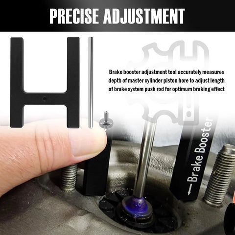 VKQTS brake booster adjustment tool set, aluminum 3-piece kit with black H-shaped body, silver rod, and small screw.