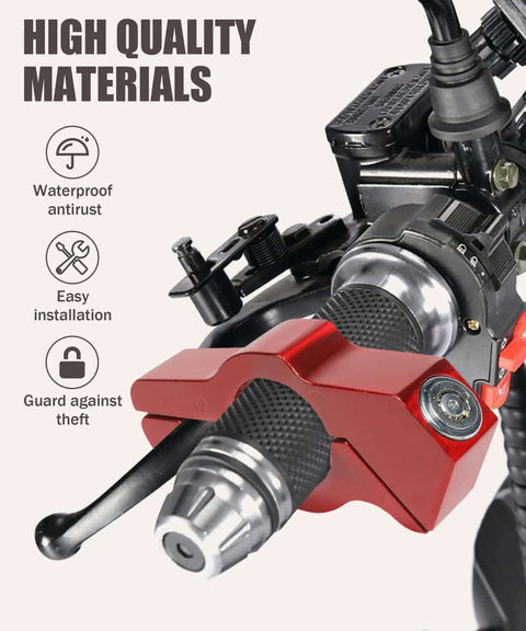 Red Beefy Heavy Duty Motorcycle Lock with Adjustable Handlebar for Anti Theft CNC Aluminum Construction installed on bike