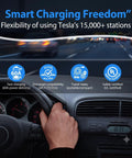 Interior view of driving with hand on steering wheel, showcasing the versatility of Nacs To J1772 Ev Charging Adapter 60 Amp 240 Volt Level 2 Converter.