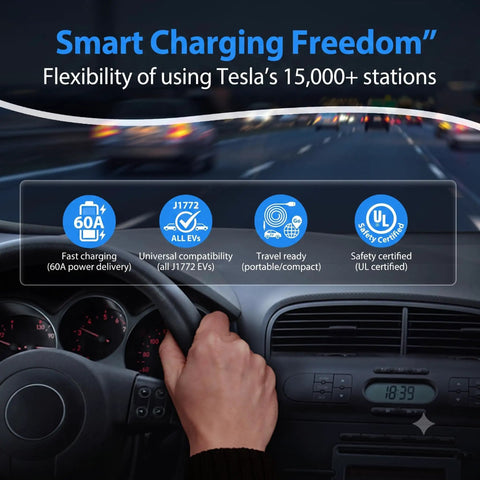 Interior view of driving with hand on steering wheel, showcasing the versatility of Nacs To J1772 Ev Charging Adapter 60 Amp 240 Volt Level 2 Converter.