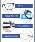 Slick Anti Fog Safety Glasses With Built In Side Shields, ANSI Z87.1 Certified, no sweat lens coating details with UV400 and scratch resistance.