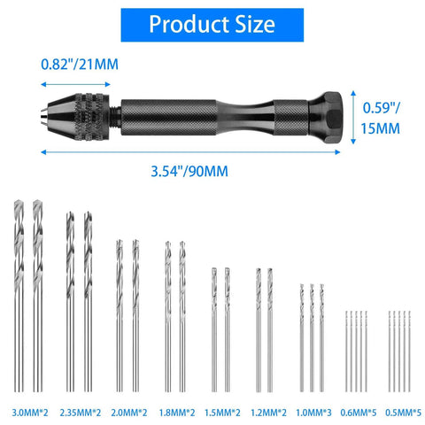 Size details of 36 Piece Hand Drill Set With Pin Vise And 25 Micro Twist Drill Bits Plus 10 PCB Mini Bits