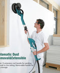 Man using Foldable Drywall Sander With LED Work Light and Auto Vacuum, 750W Motor, 6 Speed Settings, Retractable Handle.