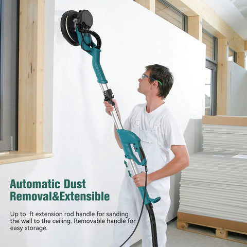 Man using Foldable Drywall Sander With LED Work Light and Auto Vacuum, 750W Motor, 6 Speed Settings, Retractable Handle.