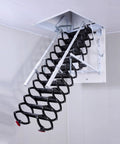 Electric Attic Ladder With Retractable Loft Stairs And Hidden Ceiling Access Featuring Heavy Duty Alloy Frame And Wide Non Slip Treads For One Push Motorized Operation To Keep Your Attic Storage On Point, showing retractable stairs in ceiling.