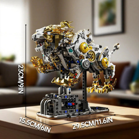 Golden Mechanical Lion Building Block Kit With Movable Limbs And Exposed Gears Futuristic Beast Model Premium Gear Driven Construction Set With Display Stand Dope Gift For Boys And Adults Hands On Engineering Fun on display stand, showing dimensions.