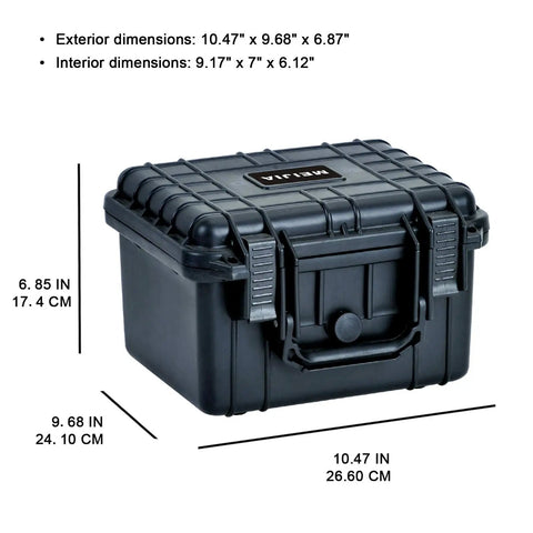 All Weather Waterproof Camera Case With Foam For Drones And Gear Bombproof Protection in elegant black showing dimensions.