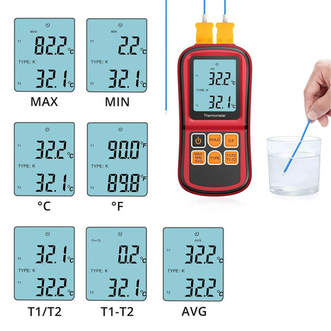 Kamtop dual-channel digital thermometer with two K-type probes; red handheld meter with backlit LCD and orange keys.