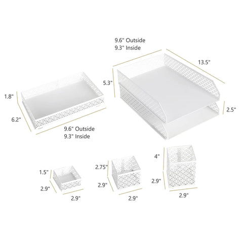 Dimensions diagram for White Six Piece Interlocking Desk Organizer Set With Pen Cup Three Accessory Trays And Two Letter Trays.