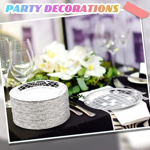 Totally Perfect 100 Pack 9 Inch Silver Disco Plates For 70s Party Decor displayed on elegant table setting
