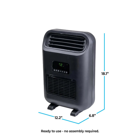 18-Inch Space Heater freestanding view, digital thermostat, 1500W, remote, Eco Mode, 12-Hour Timer, compact, black design.