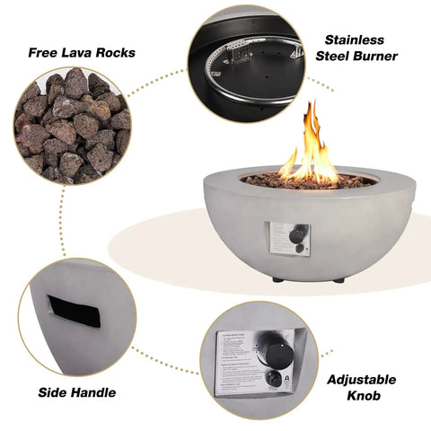Outdoor Propane Fire Pit Table Set With Tank Cover For Backyard Hangouts And Patios, gray concrete bowl, stainless steel burner, free lava rocks