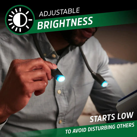 Rechargeable Neck Light With USB Charging, Flexible Hands Free LED Reading Lamp worn while reading a book, adjustable brightness