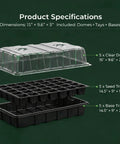 5-Set Seed Starter Tray Kits With Humidity Vented Domes And Bases For Durable Germination Trays Great For Seed Starting Indoor Gardening And Greenhouse Use Total 200 Cells, showing tray and dome dimensions.