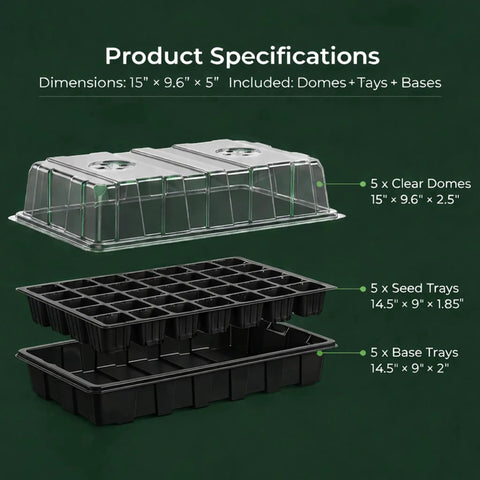 5-Set Seed Starter Tray Kits With Humidity Vented Domes And Bases For Durable Germination Trays Great For Seed Starting Indoor Gardening And Greenhouse Use Total 200 Cells, showing tray and dome dimensions.