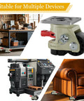 Hella Sturdy Heavy Duty Leveling Casters With Snap Lock Brakes And Smooth Glide Wheels Adjustable Height mounted on furniture and workshop tools