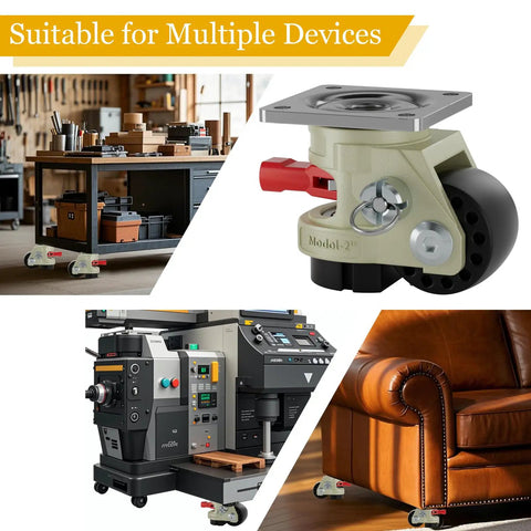 Hella Sturdy Heavy Duty Leveling Casters With Snap Lock Brakes And Smooth Glide Wheels Adjustable Height mounted on furniture and workshop tools