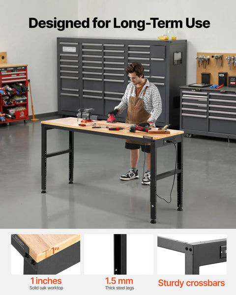 Person working on Heavy Duty Adjustable Workbench With 2000 Lb Capacity 61 By 20 Inch Surface Height Adjustable From 27.1 To 36 Inches Built In Power Outlets Perfect For Garage Shop Or Office in a garage setting.