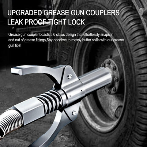 Grease gun coupler with 6 claws for tight lock, ideal for leakproof grease gun coupler 12000 PSI use.