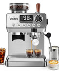 Next Level Semi Automatic Espresso Machine With Built In Conical Burr Grinder, 20 Bar Pressure, 44 Precision Grind Steps, And Quick Milk Frother For Cranking Out Barista Grade Shots Daily At Home with digital display, two espresso shots, and milk frother.
