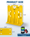 Product dimensions of yellow wire spool rack with sizes for 34-inch spools, part of Wire Spool Rack And Heavy Duty Wire Dispenser For Industrial Use, 330 Lb Capacity, Holds 34 Inch Spools, Anti Tip Base, Space Saving Cable Management Caddy In Black And Yellow